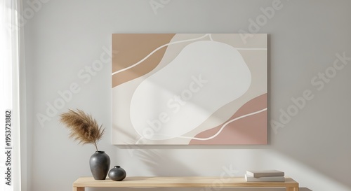 A blurred interior scene with abstract art and decorative items on a wooden table