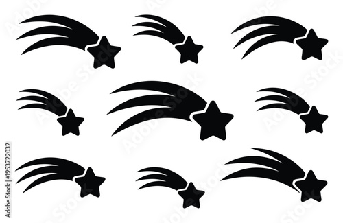 Collection of nine black shooting star on a white background