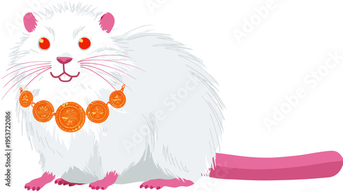 A cartoon-style illustration of a white rodent wearing a necklace of orange medallions