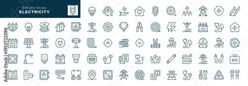 Electricity. Set of outline icons. Electric power line, light bulb, cable, wire, voltage and electrical equipment. Line icon in linear style. Vector collection	