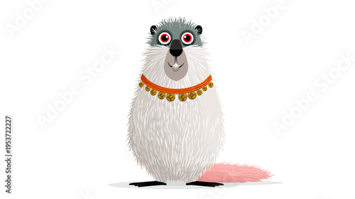 A cartoon creature with fur and big eyes wearing a collar with bells. A cute illustration