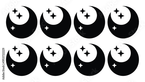 Eight Black Crescent Moons with Stars Pattern