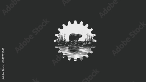A monochrome illustration of a beaver in a landscape within a gear shape