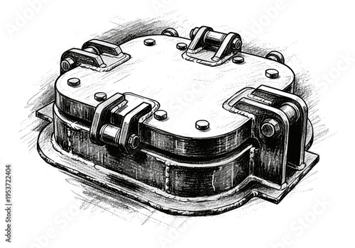Detailed illustration of a heavy-duty metal hatch with robust latches and bolts
