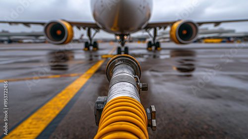 Close-up of fuel hose connected to aircraft on runway, concept of aviation fuel logistics and transportation industry.