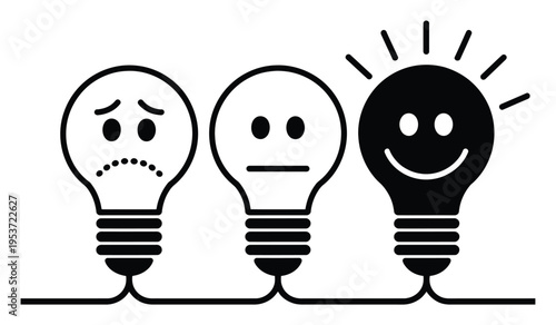 Three lightbulbs with different facial expressions: sad, neutral, and happy idea