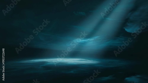 Mystical blue light rays shining through dark cloudy sky atmospheric cinematic scene