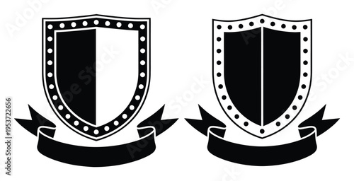 Two Black and White Shields with Banners, Heraldic Symbols