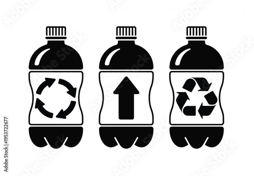 Three Plastic Bottles with Recycling and Upward Arrow Symbols