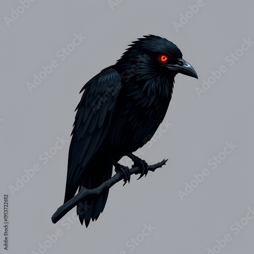 Black raven perched, glowing red eyes, gothic horror style, single object, isolated PNG