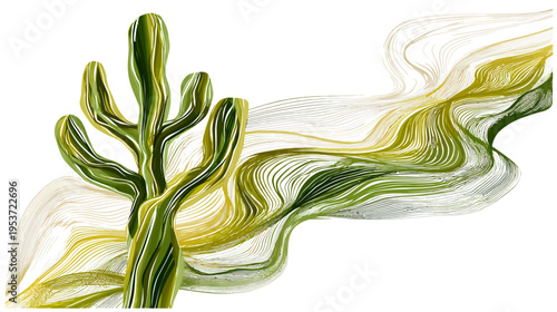 Abstract composition of a green cactus and flowing, fluid lines of various shades