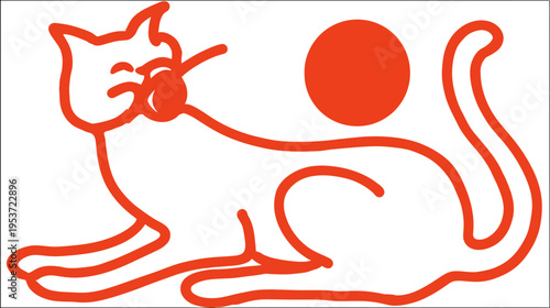 Stylized orange feline illustration, featuring a playful cat in a relaxed pose with an orange sphere