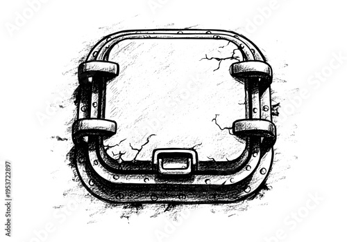 Grungy, cracked metal frame with rivets and a central latch, hand-drawn sketch style