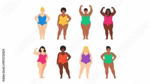 Plus size diverse women in swimsuits posing on white background