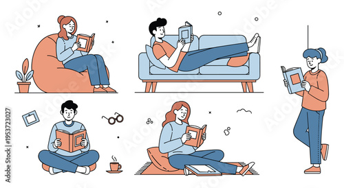 Flat line vector illustration of diverse people reading books and studying
