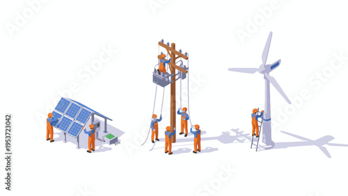 Isometric technicians maintaining solar panels wind turbine and pole