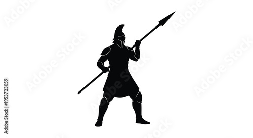 A striking black silhouette depicts a classical spartan warrior holding a spear embodying ancient greek military power silhouette high quality professional