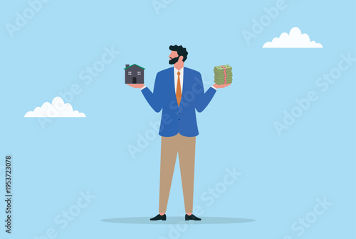 Vector illustration of a businessman balancing a home sign and a money bundle symbolizing real estate investment, property management, and financial planning
