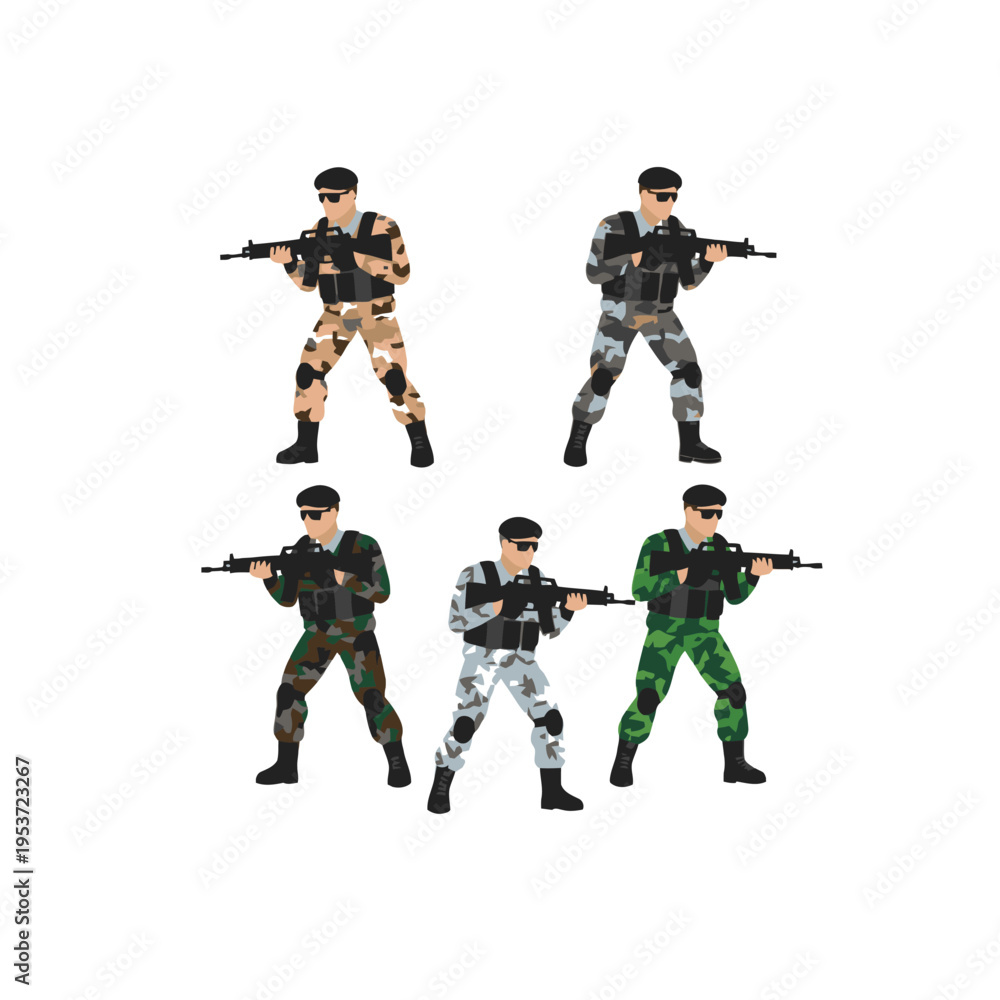 Naklejka premium Military soldiers in various camouflage uniforms holding rifles