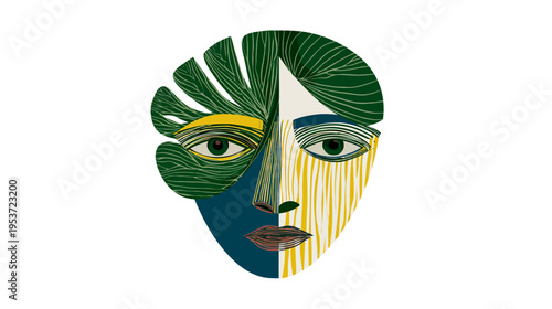 A stylized illustration of a human face, with a plant leaf incorporated