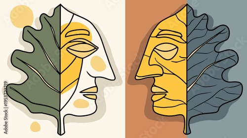 Two symmetrical faces, one on each side, integrated with leaves, in warm and cool colors