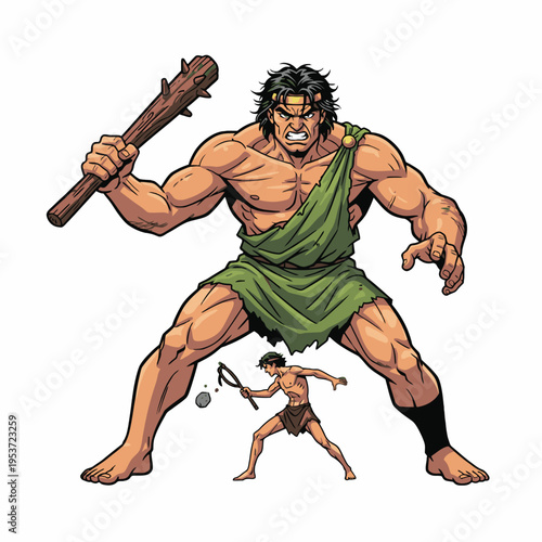 Muscular Giant with Spiked Club Facing Small Warrior with Sling