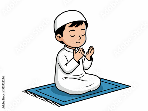 Muslim Boy Praying on a Prayer Mat Cartoon Illustration