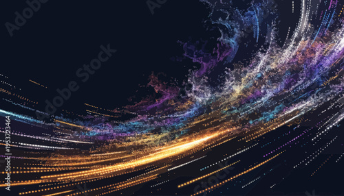 A vibrant abstract illustration of colorful light trails and particles on a dark background