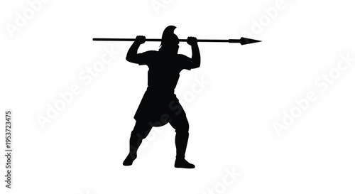 A stark black silhouette of a warrior holding a spear showcasing ancient battle readiness and strength silhouette high quality professional detailed