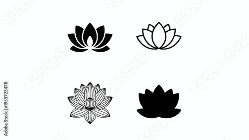 Lotus flower icons set in line art and silhouette styles