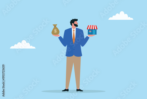 Vector illustration of a businessman balancing a small shop and a money sack representing financial management, small business growth, and profit balancing

