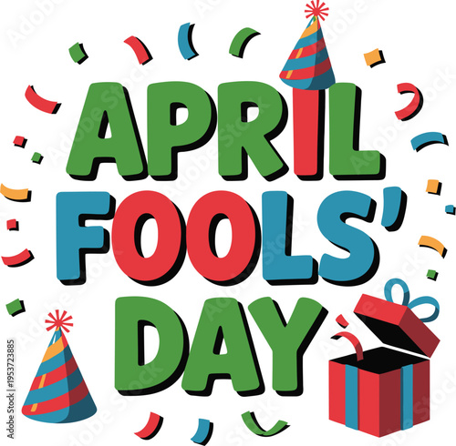 April fools day celebration graphic, colorful illustration featuring party hats confetti and bold typography on white background for fun prank themed design and festive visuals.