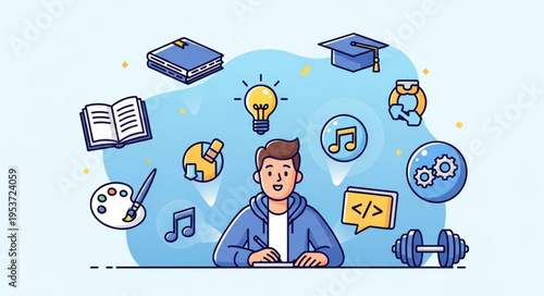 Man surrounded by symbols of knowledge, creativity, and personal growth.