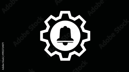 A white bell icon within a white gear against a black background. Minimalist design