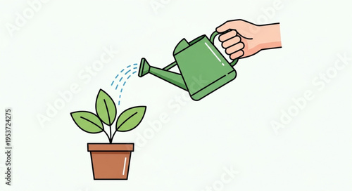 Watering Plant Illustration - Hand Pouring Water from Watering Can.
