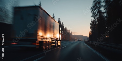 A truck speeds along a highway at sunset, surrounded by forest and rushing towards its destination.