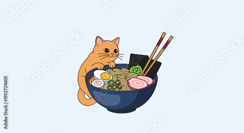 A cute and funny cartoon illustration of an orange cat curiously looking into a large bowl of delicious Japanese ramen noodles.