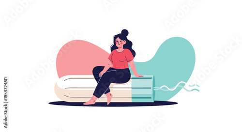 A body-positive illustration promoting feminine hygiene, with a woman sitting comfortably on a large tampon against abstract shapes.
