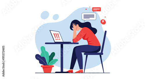 A stressed woman sits at her desk with her head in her hands, overwhelmed by work, error messages, and notifications on her laptop.