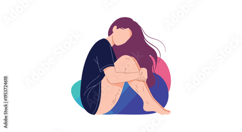 A sad, lonely woman with long flowing hair sits curled up with her arms around her knees, representing depression or sadness.