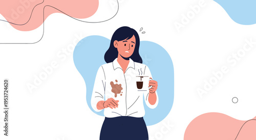 An embarrassed woman looks down at a fresh coffee stain on her clean white shirt, illustrating a clumsy, everyday accident.