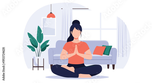 A woman practices meditation in the lotus position in her cozy living room, promoting wellness and mindfulness at home everyday.