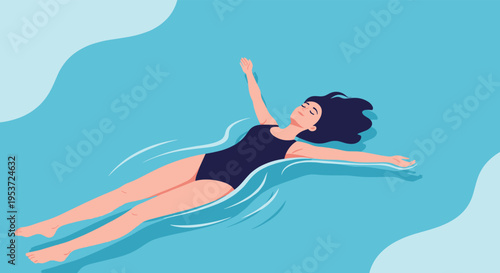 A serene illustration of a woman in a black swimsuit floating peacefully on her back in calm blue water with her eyes closed.