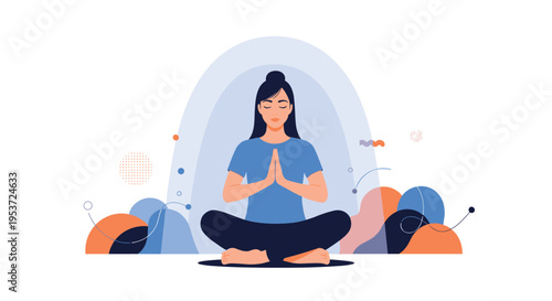 A woman meditates in a lotus position with hands in a prayer pose, surrounded by a peaceful aura and abstract shapes background.