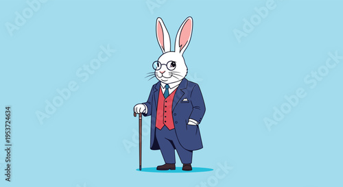 An anthropomorphic illustration of a dapper white rabbit dressed as a distinguished gentleman in a suit, holding a walking cane.