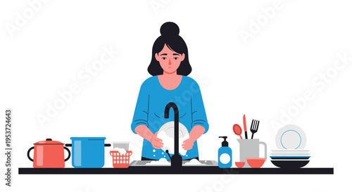 A focused woman doing daily household chores, washing dishes in the kitchen sink surrounded by clean and dirty plates and pans.