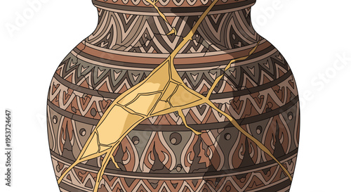 A close-up illustration of a beautifully patterned ceramic vase repaired with gold, showcasing the Japanese art of Kintsugi.