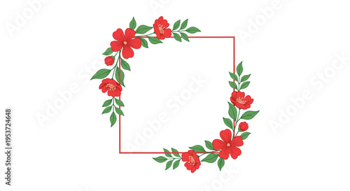 A simple and elegant square frame adorned with beautiful arrangements of red flowers and green leaves on opposite corners designs.