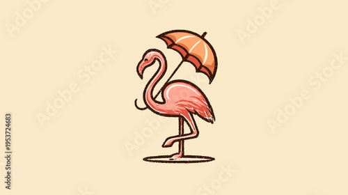 A cartoon-style illustration of a pink flamingo with an orange umbrella