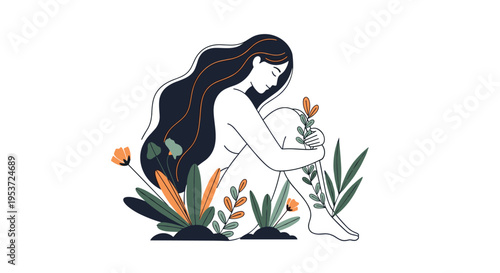 A serene, artistic illustration of a naked woman sitting peacefully among growing plants and flowers, embracing nature and self-love.